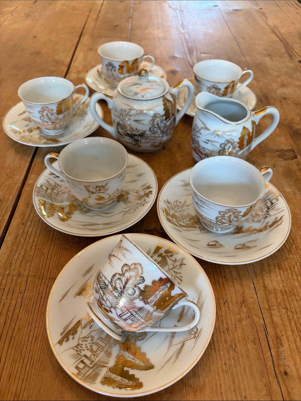 Vintage Hayasi Kutani Mt Fuji Village tea/ Demitasse set Fine Porcelain gold